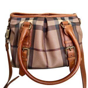 Authentic Burberry New Nova Check Brown Leather Trimming Tote Bag and Shoulder